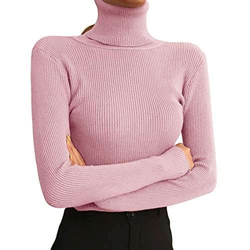 Adisputent Rollkragenpullover Damen Basic Elastisch Pullover Slim Fit Langarm Strickpullover Elastisch Weich Gerippt Strickpulli Casual Sweater Langarmshirt Warm Pulli Sweater Rosa von Adisputent