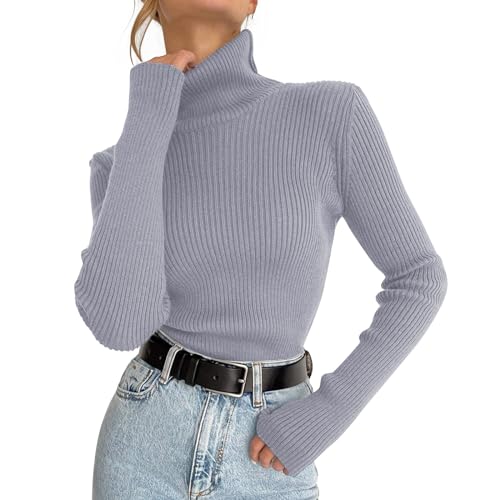 Adisputent Rollkragenpullover Damen Basic Langarm Pullover Slim Fit Strickpullover Weich Stretch Gerippt Strickpulli Casual Sweater Langarmshirt Warm Pulli Sweater Herbst Winter Grau von Adisputent