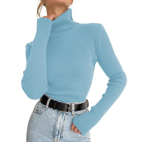 Adisputent Rollkragenpullover Damen Basic Langarm Pullover Slim Fit Strickpullover Weich Stretch Gerippt Strickpulli Casual Sweater Langarmshirt Warm Pulli Sweater Herbst Winter Hellblau von Adisputent