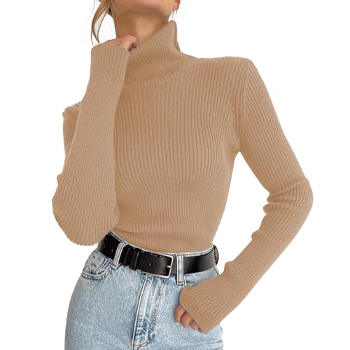 Adisputent Rollkragenpullover Damen Basic Langarm Pullover Slim Fit Strickpullover Weich Stretch Gerippt Strickpulli Casual Sweater Langarmshirt Warm Pulli Sweater Herbst Winter Khaki von Adisputent