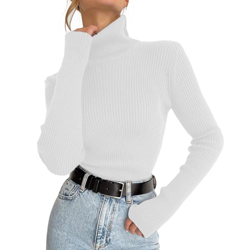 Adisputent Rollkragenpullover Damen Basic Langarm Pullover Slim Fit Strickpullover Weich Stretch Gerippt Strickpulli Casual Sweater Langarmshirt Warm Pulli Sweater Herbst Winter Weiß von Adisputent