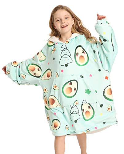 Adisputent Sherpa Hoodie Decke Kinder Unisex Übergroße Hoodie Blanket Hoodie Sweatshirt Weich Warm Kapuzenpullover Poncho TV-Decke mit Größer Tasche für Jungen Mädchen Avocado von Adisputent