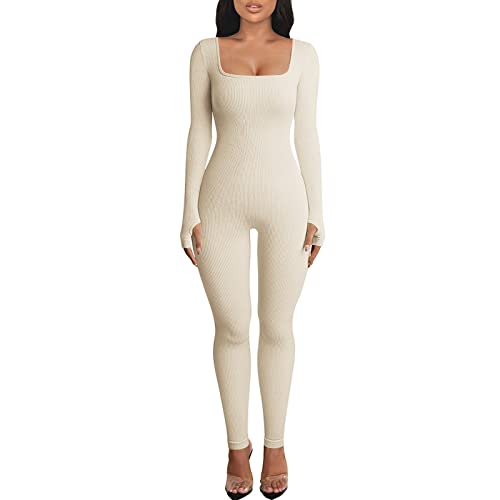 Adisputent Sport Jumpsuit Damen Lang Eng Yoga Bodysuit Overall mit Quadratischer Kragen Playsuits Langarm Bodycon Strampler Sportanzug Jogginganzug Slim Fit Kuschelig Onesie A1-Beige M von Adisputent