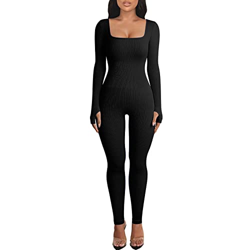 Adisputent Sport Jumpsuit Damen Lang Eng Yoga Bodysuit Overall mit Quadratischer Kragen Playsuits Langarm Bodycon Strampler Sportanzug Jogginganzug Slim Fit Kuschelig Onesie A1-schwarz L von Adisputent