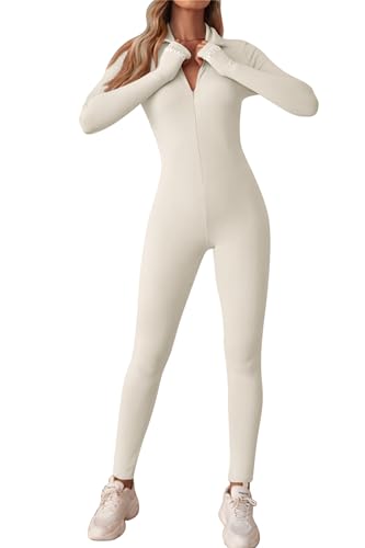 Adisputent Sport Jumpsuit Damen Lang Eng Yoga Bodysuit Overall mit Reißverschluss Playsuits Langarm Bodycon Strampler Sportanzug Yoga Jogginganzug Slim Fit Kuschelig Onesie Revers-Beige S von Adisputent