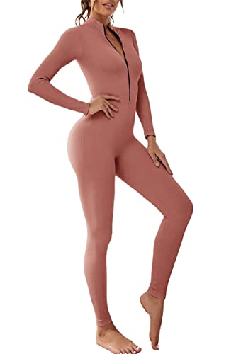 Adisputent Sport Jumpsuit Damen Lang Eng Yoga Bodysuit Overall mit Reißverschluss Playsuits Langarm Bodycon Strampler Sportanzug Yoga Jogginganzug Slim Fit Kuschelig Onesie Rosa L von Adisputent