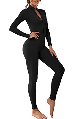 Adisputent Sport Jumpsuit Damen Lang Eng Yoga Bodysuit Overall mit Reißverschluss Playsuits Langarm Bodycon Strampler Sportanzug Yoga Jogginganzug Slim Fit Kuschelig Onesie Schwarz L von Adisputent