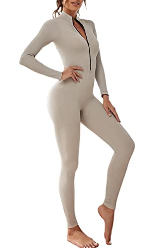 Adisputent Sport Jumpsuit Damen Lang Eng Yoga Bodysuit Overall mit Reißverschluss Playsuits Langarm Bodycon Strampler Sportanzug Yoga Jogginganzug Slim Fit Kuschelig Onesie Silber S von Adisputent