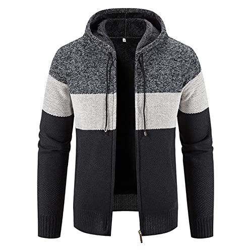 Adisputent Strickjacke Herren Winter Gefüttert Kapuzenpullover mit Reißverschluss Langarm Cardigan Pullover Warme Kapuzenjacke Fleecefutter Sweatjacke Strick Zip Hoodie Schwarz 3XL von Adisputent