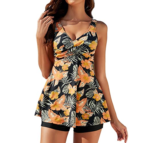 Adisputent Tankini Damen Bauchweg V-Ausschnitt Badeanzug mit Shorts Swimsuits Push up Tankini Set gepolstert Große Größen Badekleid Beachwear Zweiteiler Bademode Gelb Blumen 3XL von Adisputent