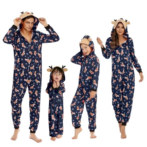 Adisputent Weihnachten Familien Pyjama Schlafanzug Weihnachtspyjama Herren Damen Kinder Christmas Hausanzug Partnerlook Weihnachten Onesie Jumpsuit Einteiler Nachtwäsche Kinder Blauer Elch 11 Jahre von Adisputent