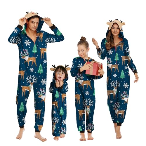 Adisputent Weihnachten Familien Pyjama Schlafanzug Weihnachtspyjama Herren Damen Kinder Christmas Partnerlook Weihnachten Onesie Jumpsuit Einteiler Nachtwäsche Mutter Türkis Elch XL von Adisputent