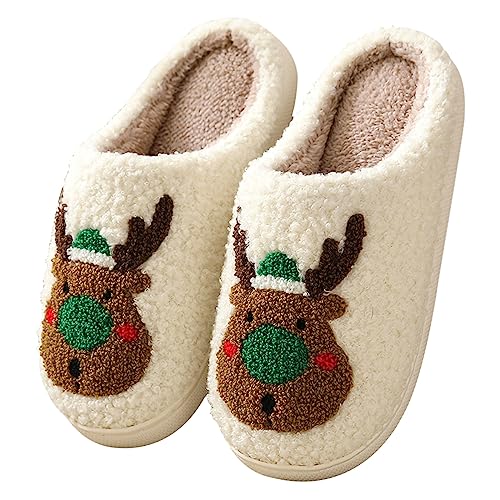 Adisputent Weihnachten Hausschuhe Rentier Winter Leicht Slipper Damen Herren Süße Hausschuh Plüsch Niedliche Cartoon Pantoffeln Warm Weich Bequem Schlappen Indoor Outdoor A Rentier Grün 36-37 von Adisputent