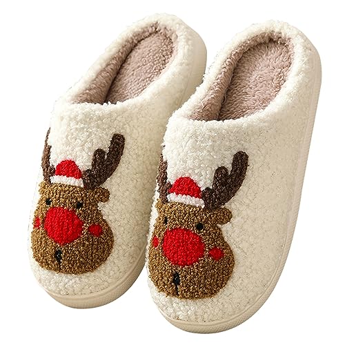 Adisputent Weihnachten Hausschuhe Rentier Winter Leicht Slipper Damen Herren Süße Hausschuh Plüsch Niedliche Cartoon Pantoffeln Warm Weich Bequem Schlappen Indoor Outdoor A Rentier Rot 36-37 von Adisputent