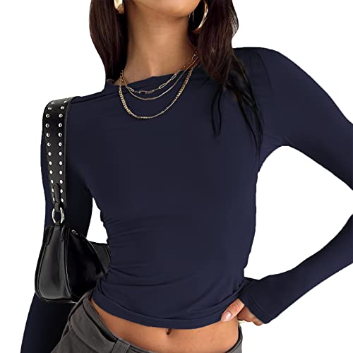 Damen Bauchfrei Oberteile Strick Langarm Crop T-Shirt Rundhalsausschnitt Top Casual Sexy Textur Tops Slim Langarmshirts Langarmtops Pullover Lässig T-Shirts N-Langarm-Dunkelblau L von Adisputent