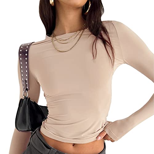 Damen Bauchfrei Oberteile Strick Langarm Crop T-Shirt Rundhalsausschnitt Top Casual Sexy Textur Tops Slim Langarmshirts Langarmtops Pullover Lässig T-Shirts N-Langarm-Hautfarbe S von Adisputent