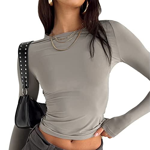 Damen Bauchfrei Oberteile Strick Langarm Crop T-Shirt Rundhalsausschnitt Top Casual Sexy Textur Tops Slim Langarmshirts Langarmtops Pullover Lässig T-Shirts N-Langarm-Hellegrau M von Adisputent