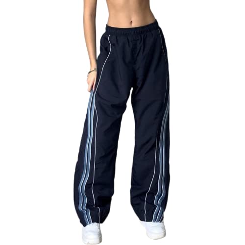 Damen Fallschirmhosen Baggy Cargohose Y2K Track Pants Teenager Mädchen Elastische Taille Weite Bein Jogginghose Oversize Lose 90er E-Girl Streetwear Parachute Pants 00-Blau M von Adisputent