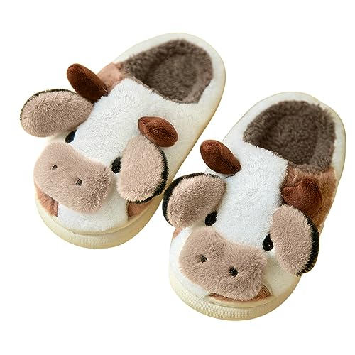 Adisputent Kuh Hausschuhe Flaumig Damen Herren Cow Slippers Plüsch Pantoffeln Tiere Niedliche Cartoon Hauspantoffeln Winter Kuschelige Warme Schuhe Indoor Mädchen Frauen Braun Kuh Offen EU 43-44 von Adisputent