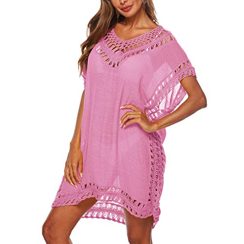 Strandkleid Damen Sommerkleid V-Ausschnitt Sexy Oversize Boho Minikleid Spitze Strandponcho Sommer T-Shirt Bademode Badeanzug Bikini Cover Up Typ8-Rosa Einheitsgröße von Adisputent