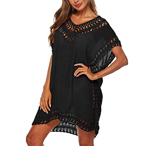 Strandkleid Damen Sommerkleid V-Ausschnitt Sexy Oversize Boho Minikleid Spitze Strandponcho Sommer T-Shirt Bademode Badeanzug Bikini Cover Up Typ8-Schwarz L von Adisputent