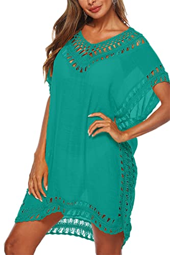 Strandkleid Damen Sommerkleid V-Ausschnitt Sexy Oversize Boho Minikleid Spitze Strandponcho Sommer T-Shirt Bademode Badeanzug Bikini Cover Up Typ8-Türkisgrün L von Adisputent