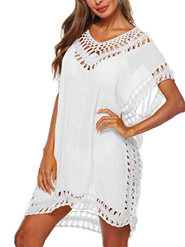 Strandkleid Damen Sommerkleid V-Ausschnitt Sexy Oversize Boho Minikleid Spitze Strandponcho Sommer T-Shirt Bademode Badeanzug Bikini Cover Up Typ8-Weiß L von Adisputent