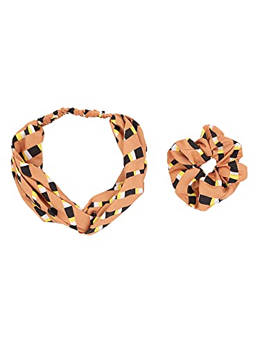 Aditi Wasan Hellbraunes bedrucktes Viskose-Stirnband und Haargummi, Kombi-Packung von Aditi Wasan