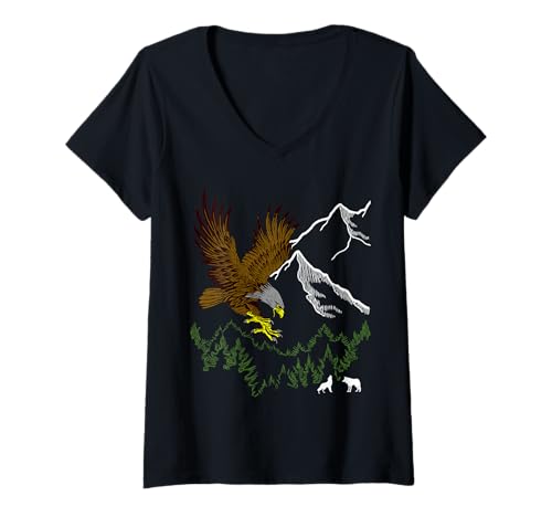 Damen Mountain Adler-Aufdruck Tier mit Vogel, Berg Wald Motiv T-Shirt mit V-Ausschnitt Damen Mountain Adler-Aufdruck Tier mit Vogel, Berg Wald Motiv T-Shirt mit V-Ausschnitt von Adler Wald Motiv Vogel Tiermotiv Wolf Wolfsmotiv