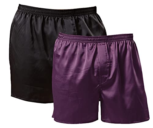 Herren-Boxershorts aus Satin, Schlafhose, Schlafanzughose, bequeme Lounge-Unterwäsche mit Knopfschlitz, 2p (Schwarz + Violett), Large von Admireme