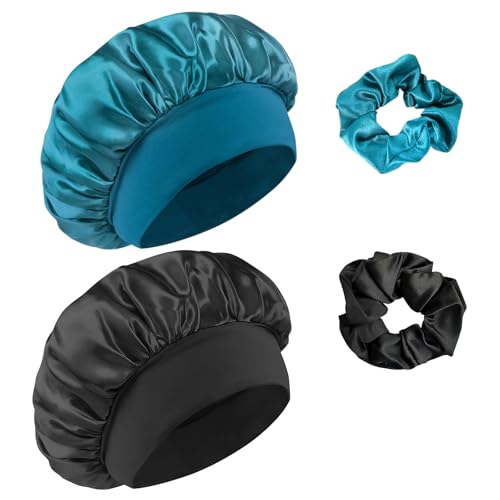 Satinmütze mit Haargummis für die Nacht, Satin, Schlafmütze, Schwarz + Pfauenblau, One size von Admygo