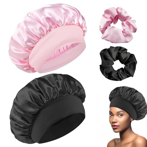 Satin Haarhaube mit Haargummis, Schlafmütze Satin Bonnet Nacht Schlaf, Seidenhaube Zum Schlafen Schlafhaube Haare Schützen, Weich Schlafmütze Damen Haarschutz für die Nacht, Rosa + Schwarz von Admygo