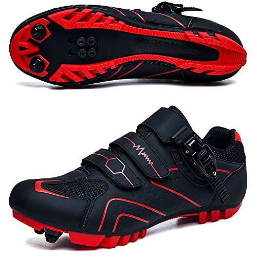 Adoff Fahrradschuhe Herren Damen MTB Schuhe SPD Mountainbike Schuhe mit Schnalle Mountainbikeschuhe Rennradschuhe (45,schwarz rot 1) von Adoff