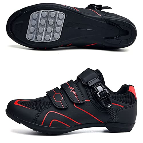 Adoff Fahrradschuhe Herren Damen MTB Schuhe SPD Mountainbike Schuhe mit Schnalle Mountainbikeschuhe Rennradschuhe (45,schwarz rot 2) von Adoff