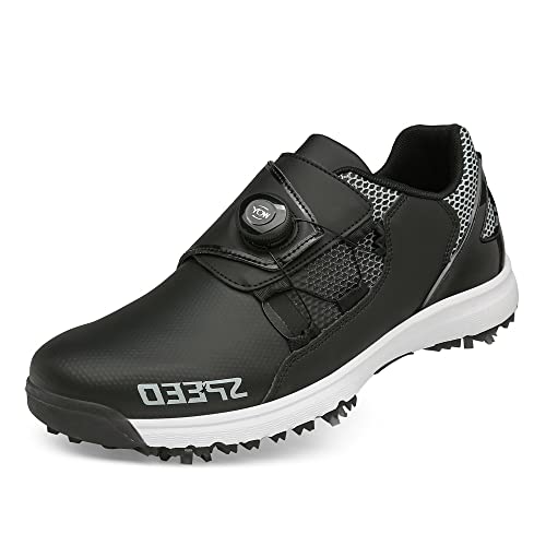 Adoff Golfschuhe Herren rutschfeste wasserdichte Atmungsaktive Turnschuhe Bequeme Atmungsaktive Golfschuhe Abnehmbare Spikes (41,Schwarz) von Adoff