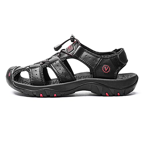 Herren Sandalen Leder Outdoorsandale Geschlossene Wandersandalen Trekkingsandalen mit Klettverschluss Sommer Wanderschuhe (39,Schwarz) von Adoff