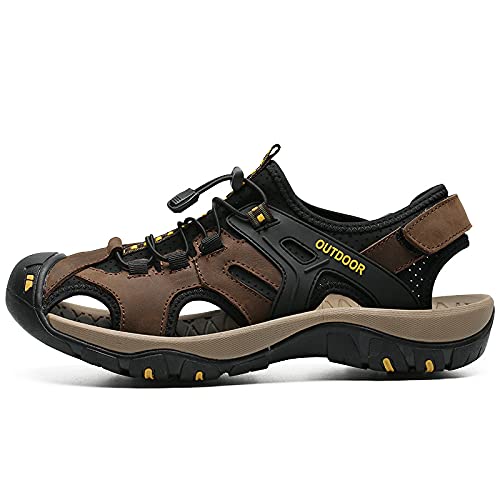 Herren Sandalen Leder Outdoorsandale Geschlossene Wandersandalen Trekkingsandalen mit Klettverschluss Sommer Wanderschuhe (39,braun 1) von Adoff