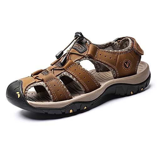 Herren Sandalen Leder Outdoorsandale Geschlossene Wandersandalen Trekkingsandalen mit Klettverschluss Sommer Wanderschuhe (42,braun) von Adoff