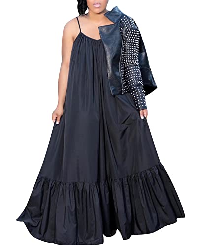 Adogirl Damen Sexy Spaghetti-Träger Ärmellos Rüschensaum Bandage Oversized Strand Lose Lang Maxi Swing Kleid - Schwarz - X-Groß von Adogirl