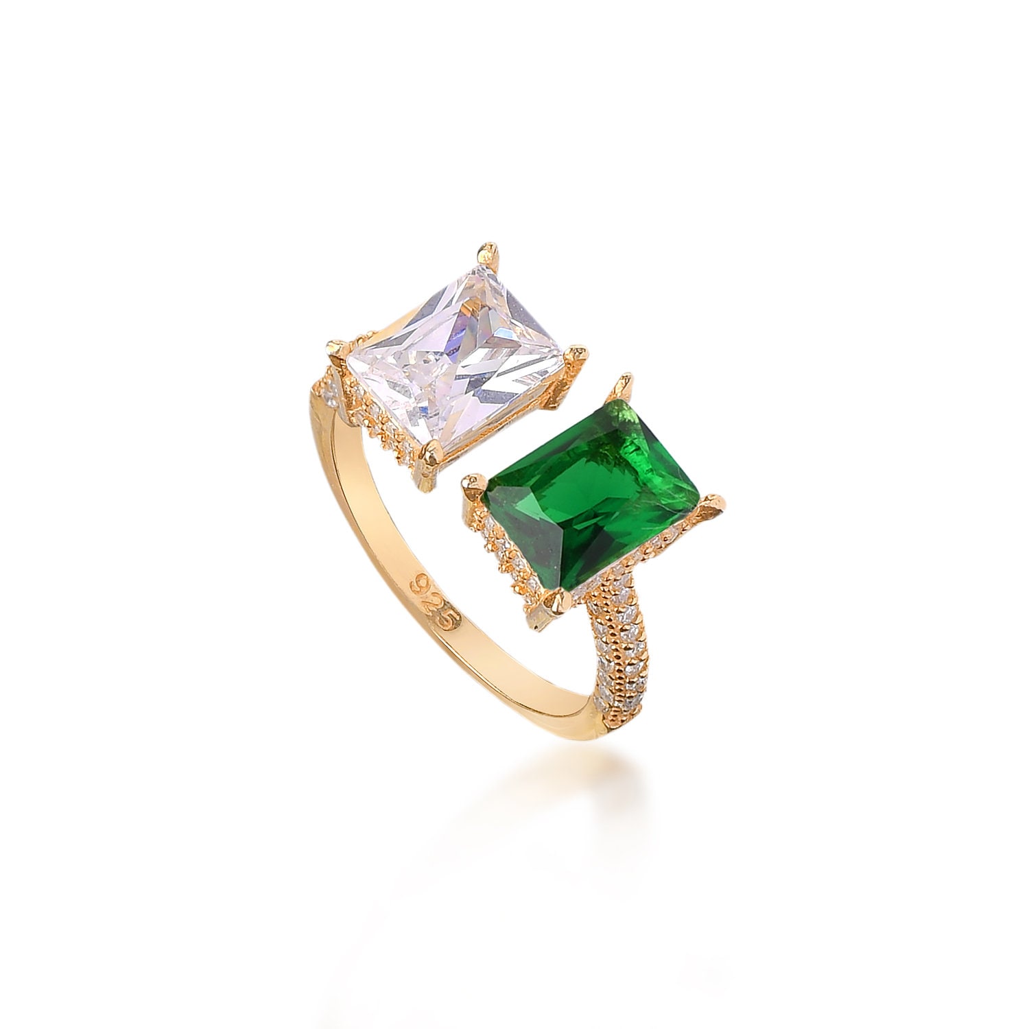 Doppel Diamant Ring 925 Silber Offener Smaragd Baguette Stein Gold Vermeil Verstellbarer Krappen Grüner von AdoniaJewels