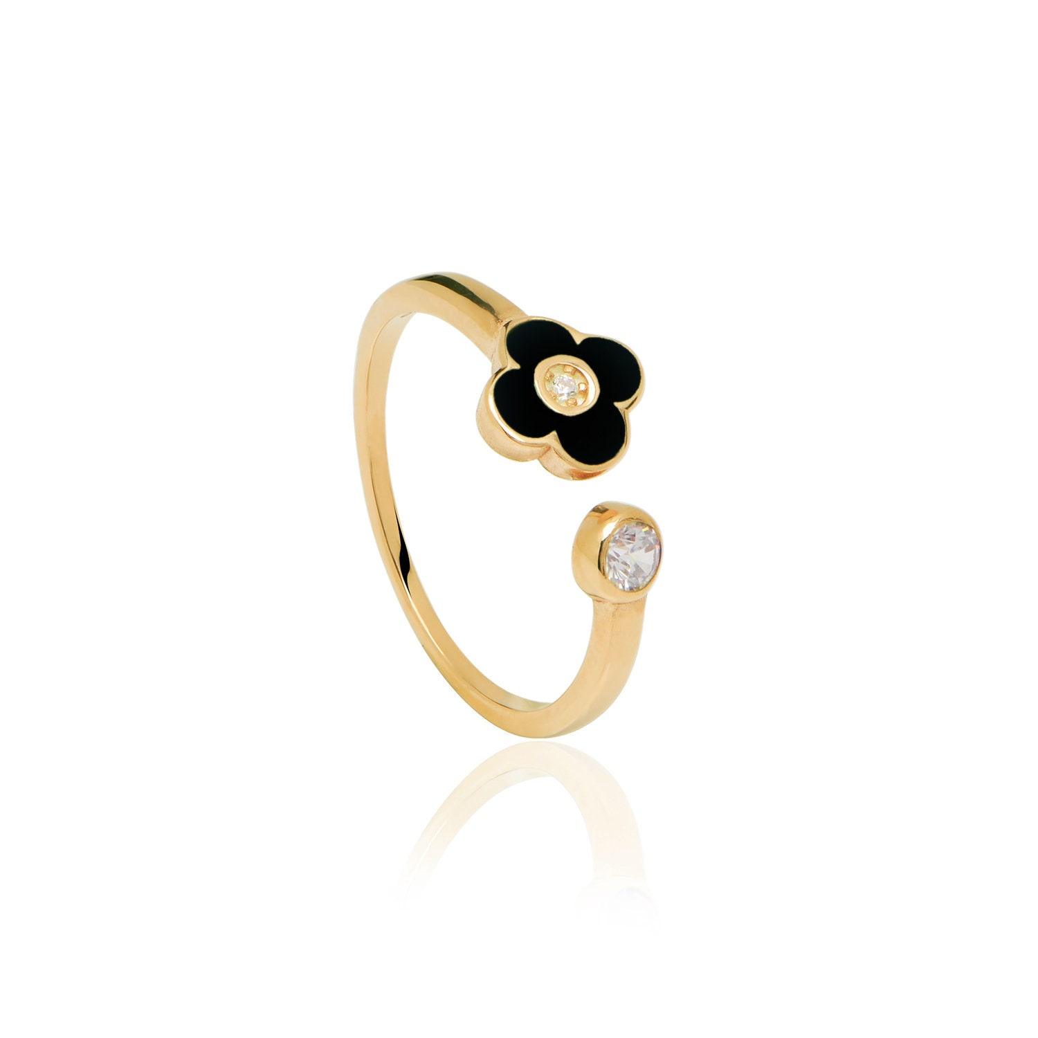 Schwarzer Emaille Ring, 925 Silber Daisy Gold Zierlicher Blumenring, Zarter Stackale Schwarzer Ring von AdoniaJewels