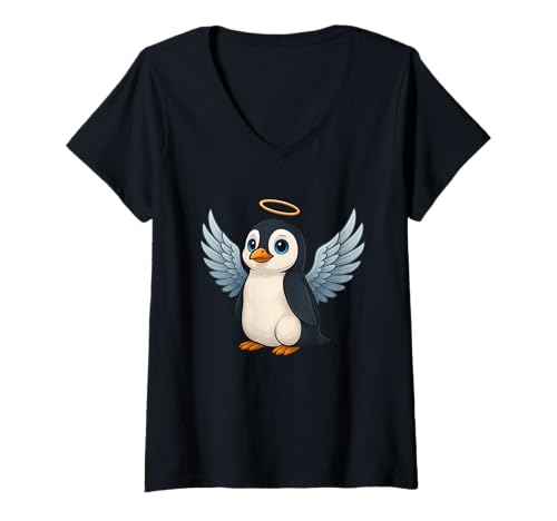 Damen Niedlicher Cartoon-Engel-Pinguin mit Flügeln T-Shirt mit V-Ausschnitt Damen Niedlicher Cartoon-Engel-Pinguin mit Flügeln T-Shirt mit V-Ausschnitt von Adorable Angel Penguin Designs