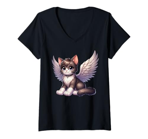 Damen Niedliche Cartoon-Katze mit Engel-Design T-Shirt mit V-Ausschnitt Damen Niedliche Cartoon-Katze mit Engel-Design T-Shirt mit V-Ausschnitt von Adorable Angelic Cat Wings Art