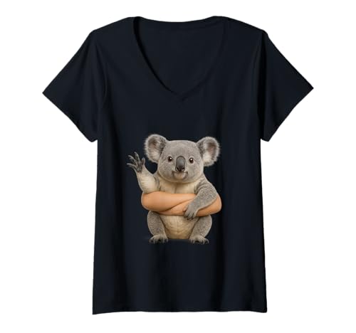 Damen Süße Koala-Umarmung mit lustigen menschlichen Armen T-Shirt mit V-Ausschnitt Damen Süße Koala-Umarmung mit lustigen menschlichen Armen T-Shirt mit V-Ausschnitt von Adorable Animal Illustration with Whimsical Style