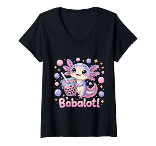 Damen Bobalotl Netter Kawaii Axolotl Boba Teeliebhaber T-Shirt mit V-Ausschnitt Damen Bobalotl Netter Kawaii Axolotl Boba Teeliebhaber T-Shirt mit V-Ausschnitt von Adorable Axolotl Bobalotl Bubble Tea Pastel Kawaii