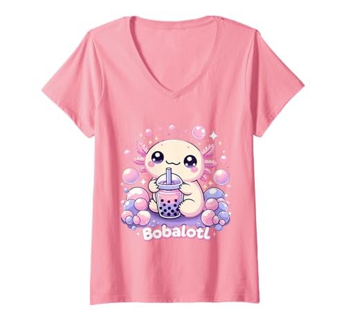Damen Bobalotl Netter Kawaii Axolotl Boba Teeliebhaber T-Shirt mit V-Ausschnitt Damen Bobalotl Netter Kawaii Axolotl Boba Teeliebhaber T-Shirt mit V-Ausschnitt von Adorable Axolotl Bobalotl Bubble Tea Pastel Kawaii