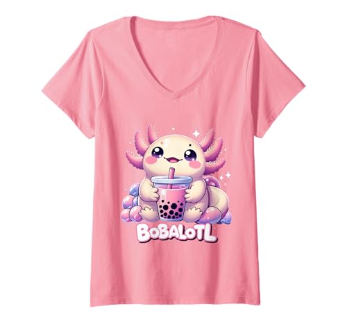 Damen Bobalotl Netter Kawaii Axolotl Boba Teeliebhaber T-Shirt mit V-Ausschnitt Damen Bobalotl Netter Kawaii Axolotl Boba Teeliebhaber T-Shirt mit V-Ausschnitt von Adorable Axolotl Bobalotl Bubble Tea Pastel Kawaii