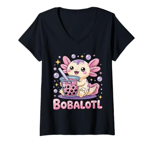 Damen Bobalotl Netter Kawaii Axolotl Boba Teeliebhaber T-Shirt mit V-Ausschnitt Damen Bobalotl Netter Kawaii Axolotl Boba Teeliebhaber T-Shirt mit V-Ausschnitt von Adorable Axolotl Bobalotl Bubble Tea Pastel Kawaii