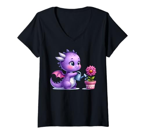 Damen Entzückender Drache lila magischer Drache Gießblume T-Shirt mit V-Ausschnitt Damen Entzückender Drache lila magischer Drache Gießblume T-Shirt mit V-Ausschnitt von Adorable Baby Dragon Cartoon Fantasy Illustration