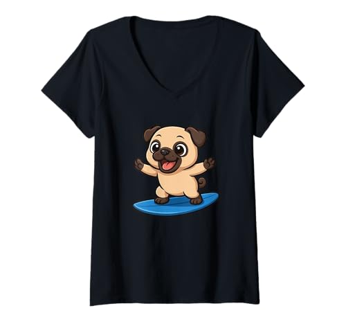 Damen Niedlicher Mops Surfer Strand Sommer T-Shirt mit V-Ausschnitt Damen Niedlicher Mops Surfer Strand Sommer T-Shirt mit V-Ausschnitt von Adorable Beach Pug Surfer Cartoon Design